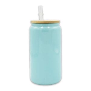 16oz Libby Glass Glitter Blue Bamboo Lid Sublimation Blank Glass With Lid Straw
