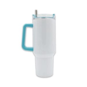 40oz Travel Mug With Colourful Handle Blue Sublimation Blank Side Shot With Straw