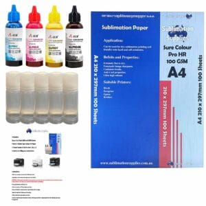 Epson ET1910 Koala A-SUB dye sublimation conversion kit showing A-SUB CMYK sublimation inks, eco-tank refill bottles and Sure Colour Pro HR A4 sublimation paper