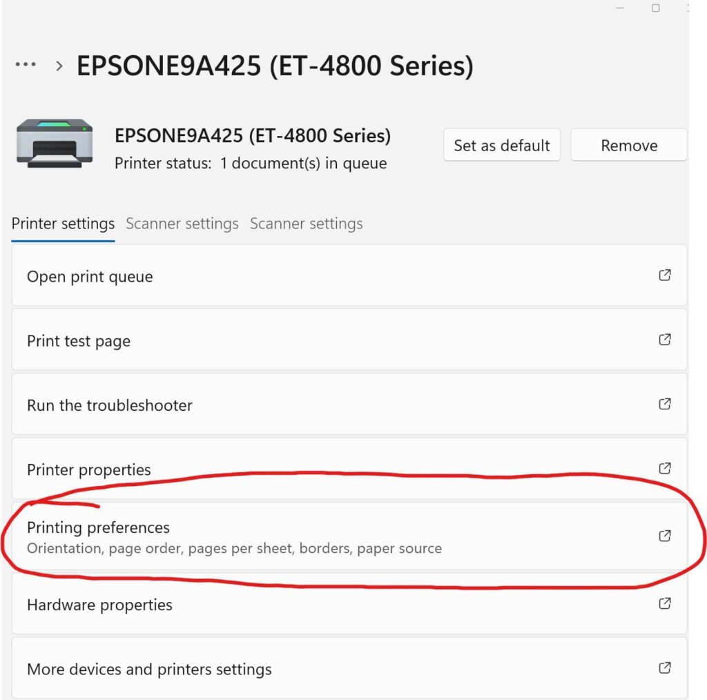 Epson printer preferences screen