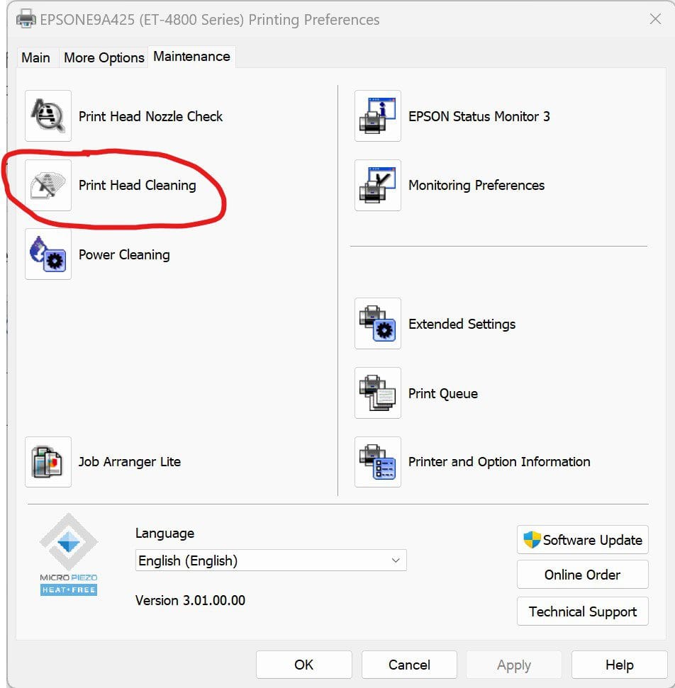 Epson printer maintenance head cleaning option