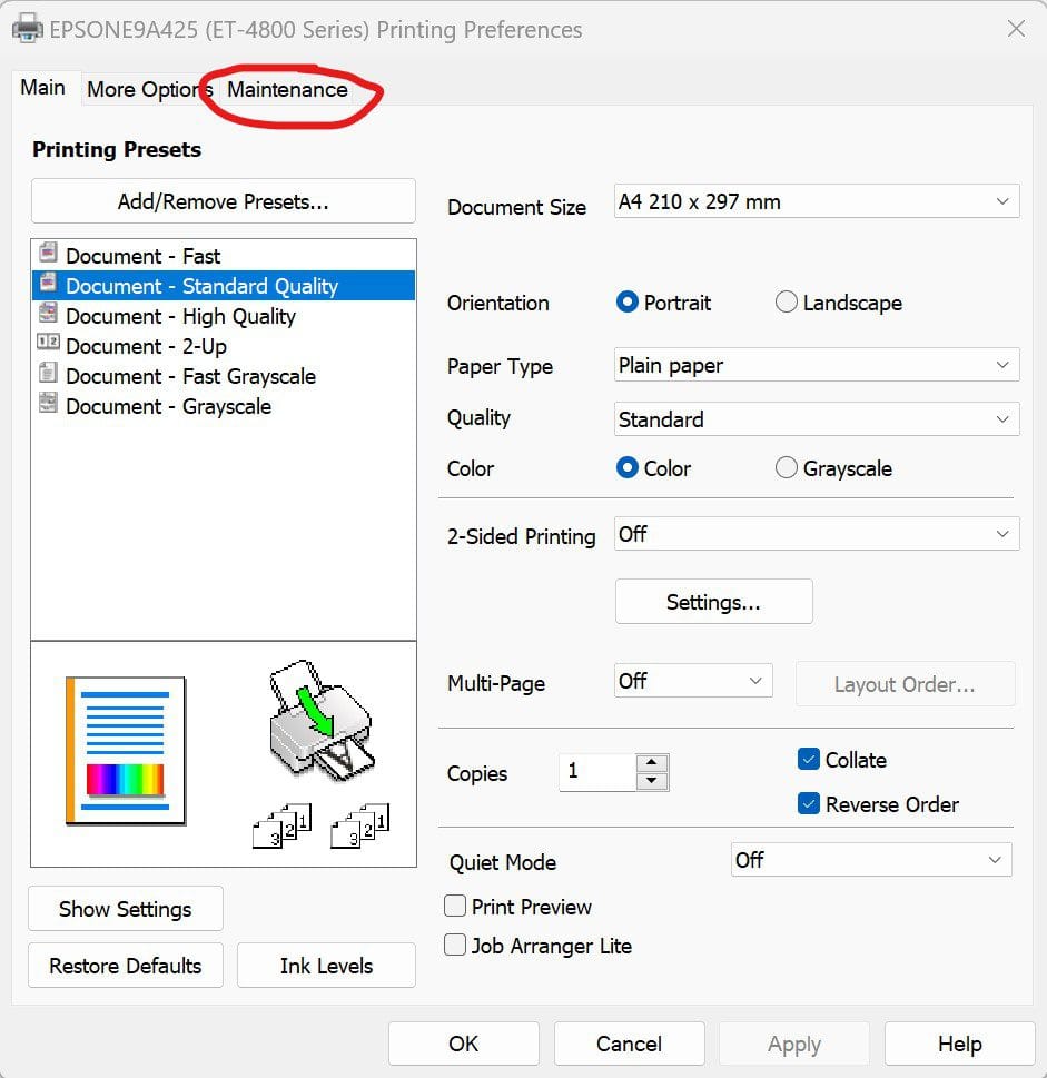 Epson printer maintenance tab