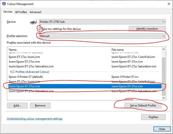 Set ICC profile as default in Windows Colour Management
