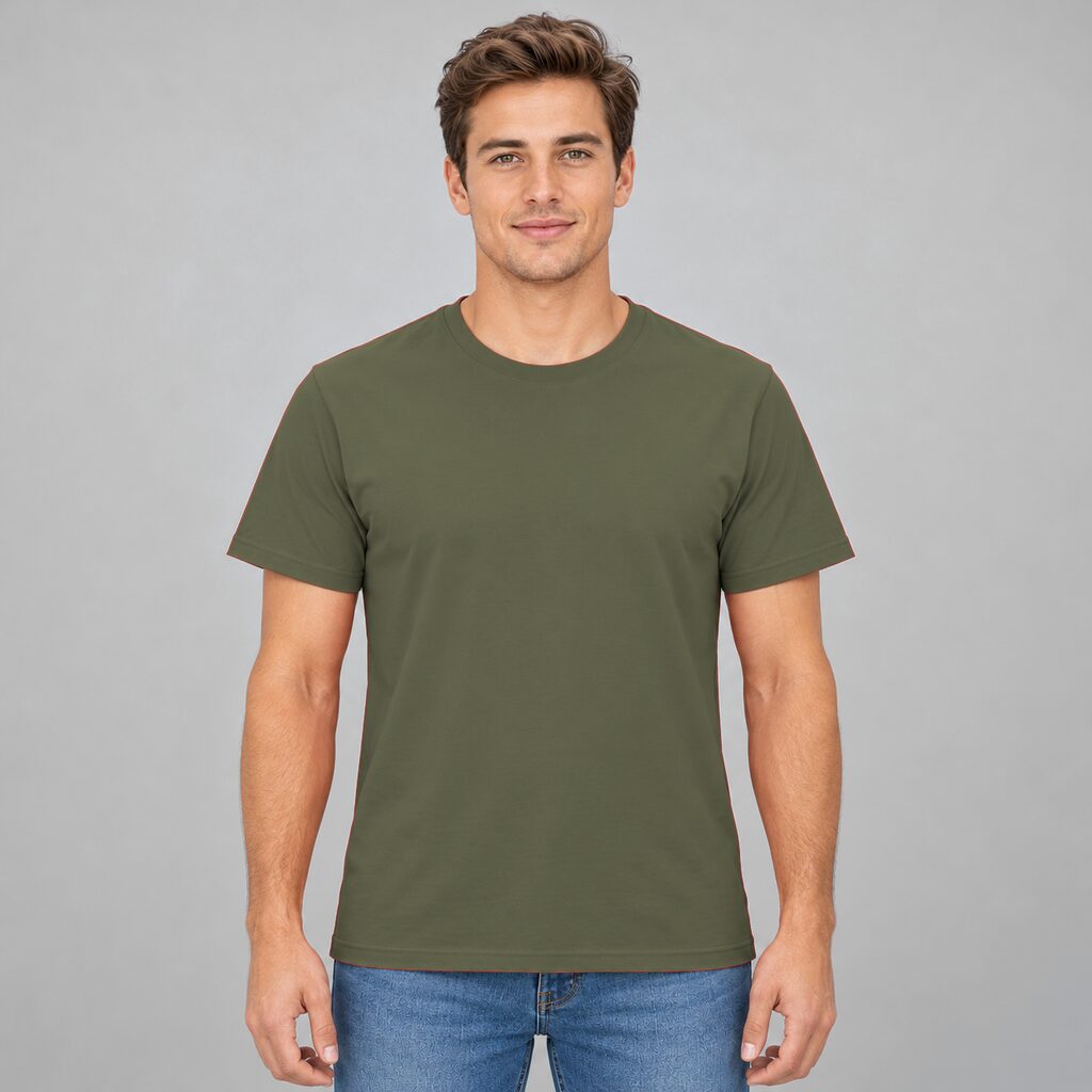 Unisex Cotton T Shirt Crew Neck Blank Army Green DTF DTG Model Man Front