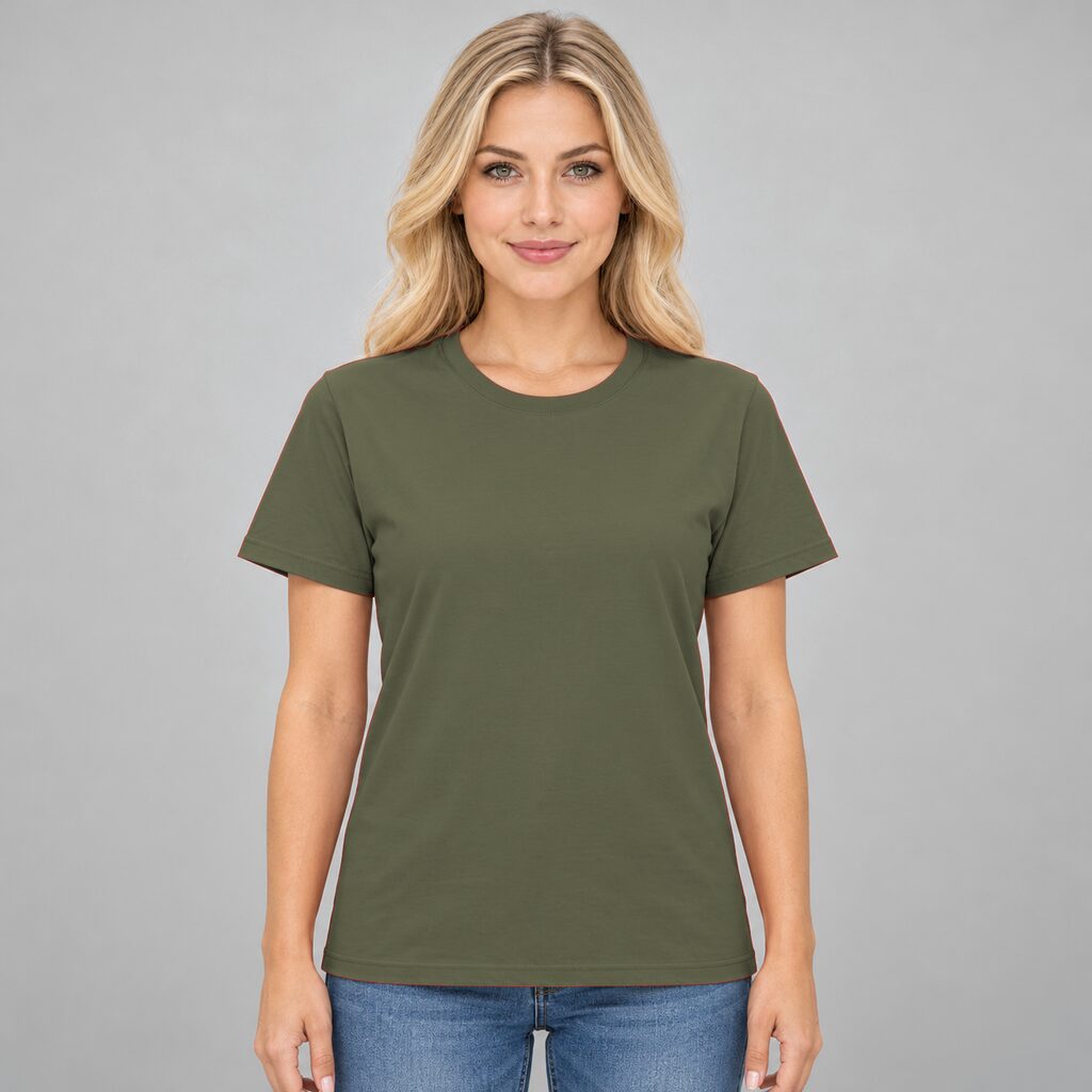 Unisex Cotton T Shirt Crew Neck Blank Army Green DTF DTG Model Woman Front