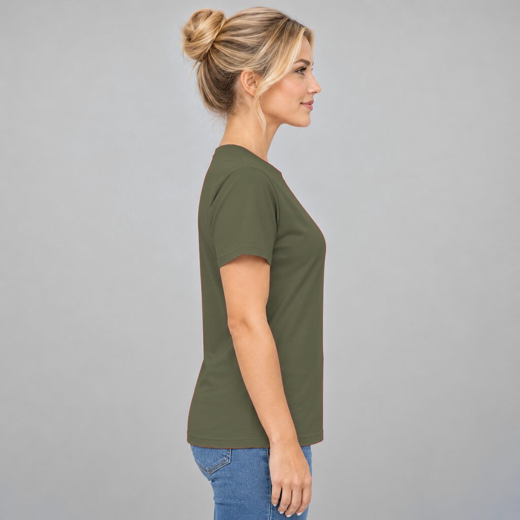 Unisex Cotton T Shirt Crew Neck Blank Army Green DTF DTG Model Woman Side
