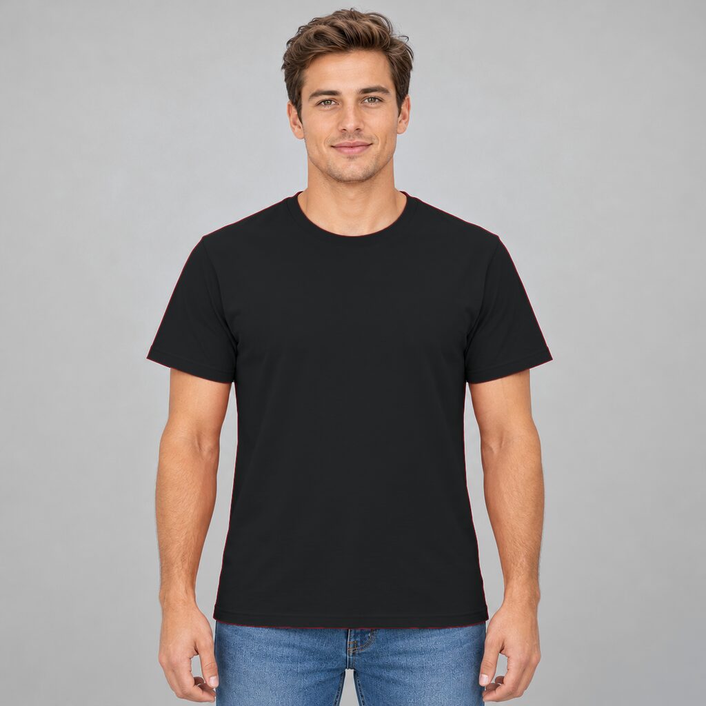 Unisex Cotton T Shirt Crew Neck Blank Black DTF DTG Model Man Front