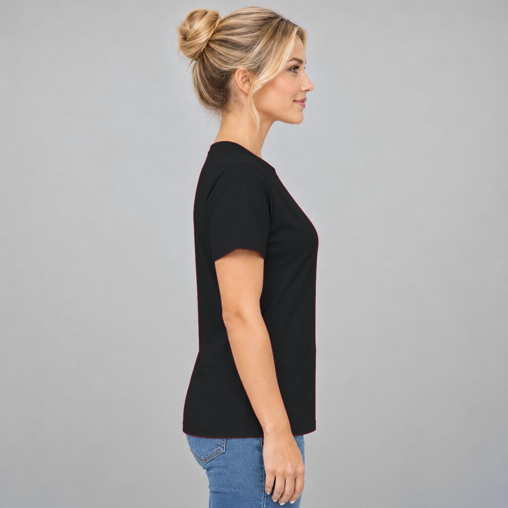 Unisex Cotton T Shirt Crew Neck Blank Black DTF DTG Model Woman Side