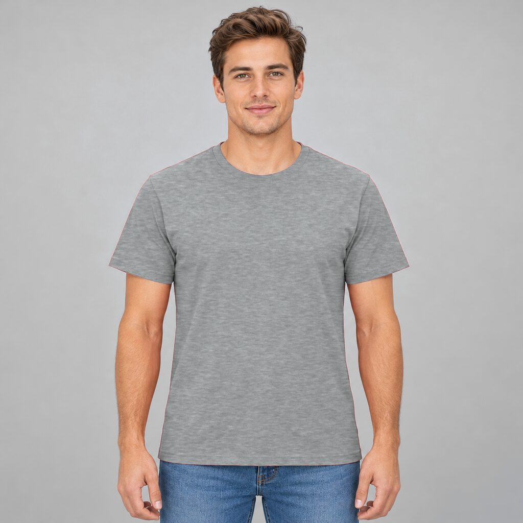 Unisex Cotton T Shirt Crew Neck Blank Grey DTF DTG Model Man Front
