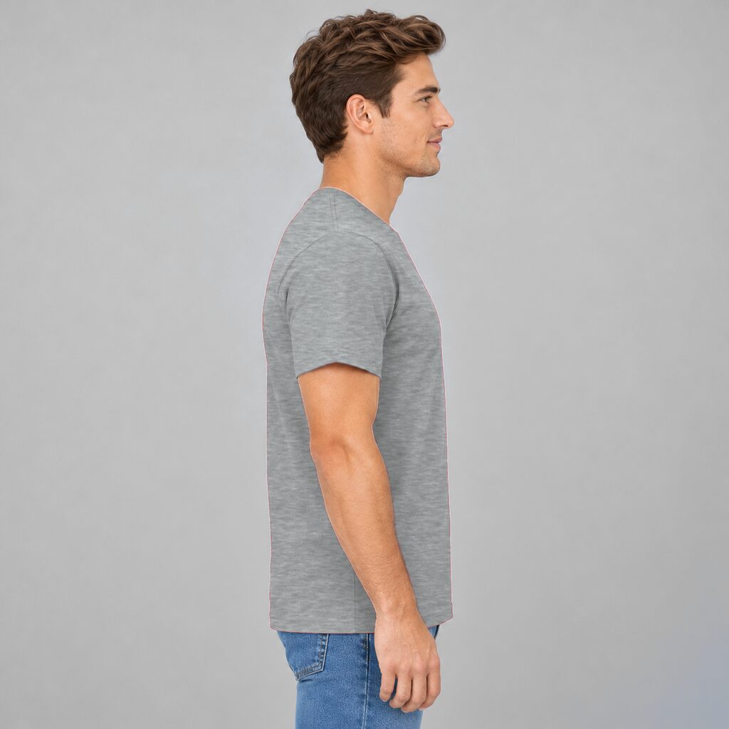 Unisex Cotton T Shirt Crew Neck Blank Grey DTF DTG Model Man Side