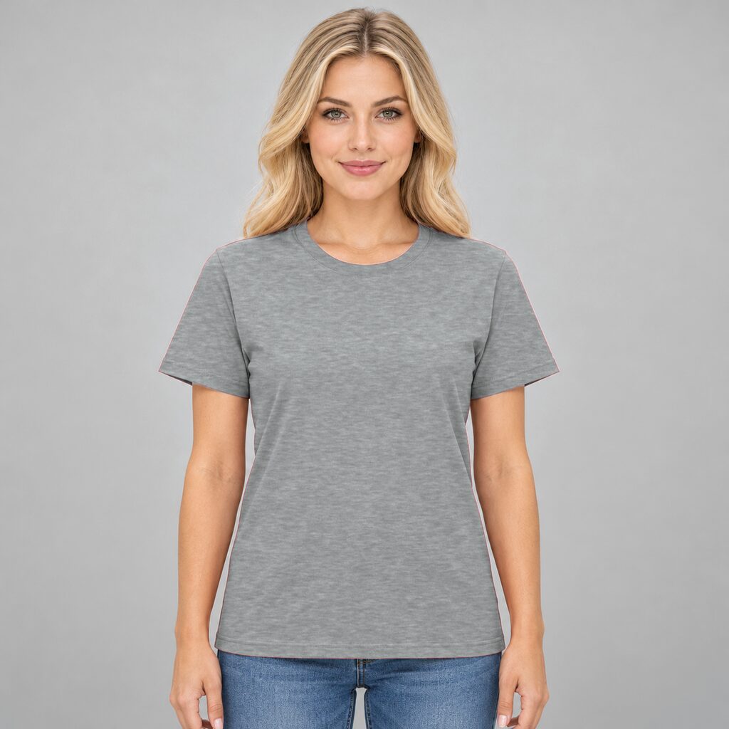 Unisex Cotton T Shirt Crew Neck Blank Grey DTF DTG Model Woman Front
