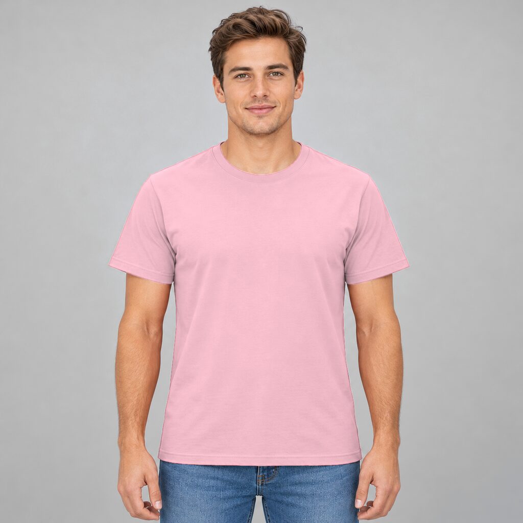 Unisex Cotton T Shirt Crew Neck Blank Light Pink DTF DTG Model Man Front