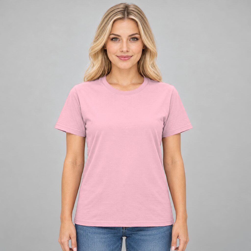 Unisex Cotton T Shirt Crew Neck Blank Light Pink DTF DTG Model Woman Front