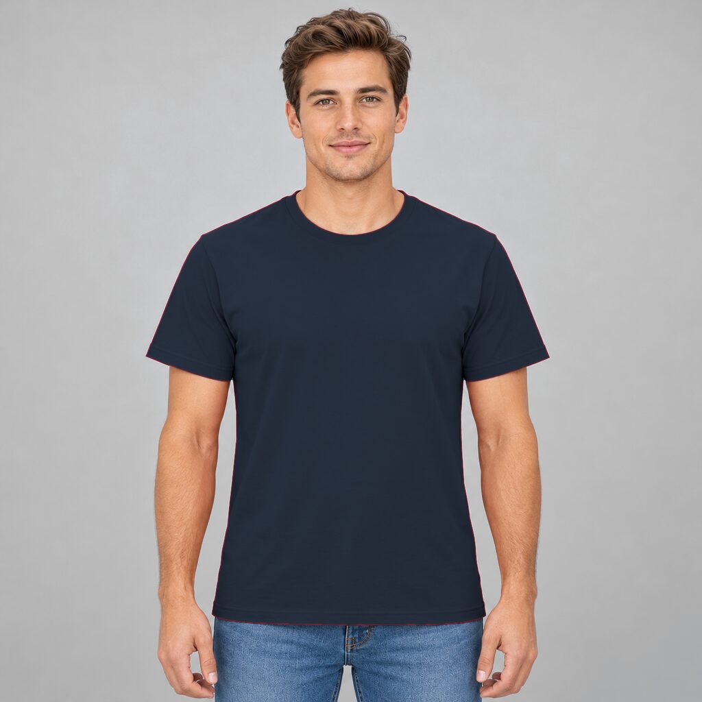 Unisex Cotton T Shirt Crew Neck Blank Navy DTF DTG Model Man Front