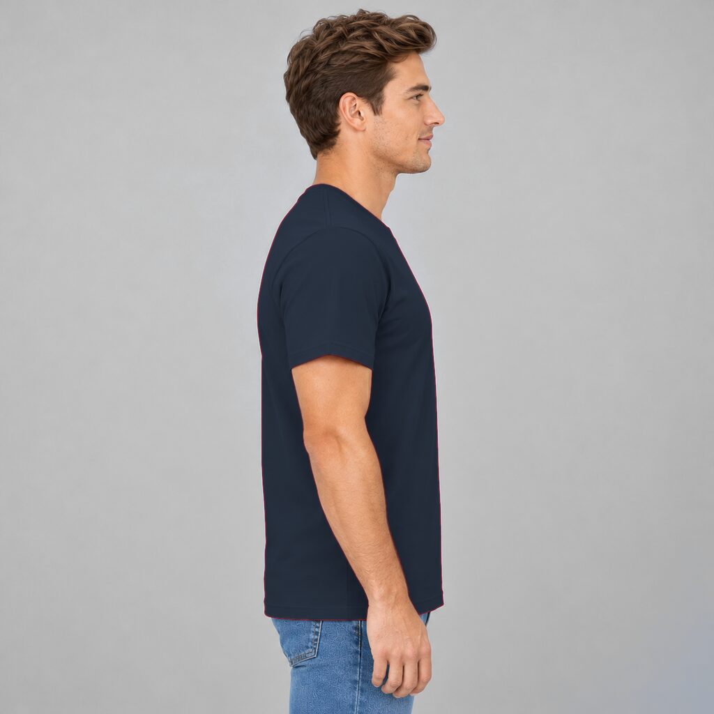 Unisex Cotton T Shirt Crew Neck Blank Navy DTF DTG Model Man Side