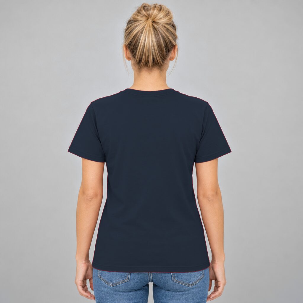 Unisex Cotton T Shirt Crew Neck Blank Navy DTF DTG Model Woman Back
