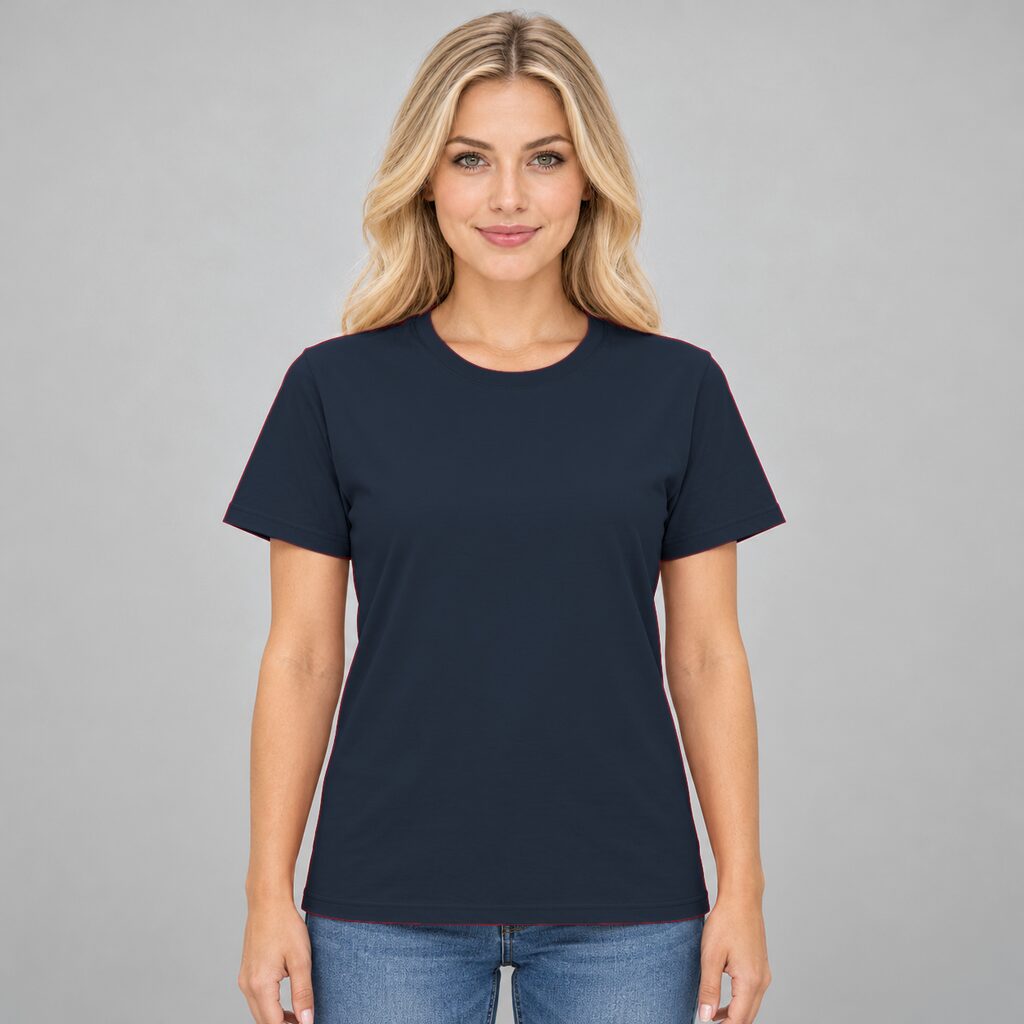 Unisex Cotton T Shirt Crew Neck Blank Navy DTF DTG Model Woman Front