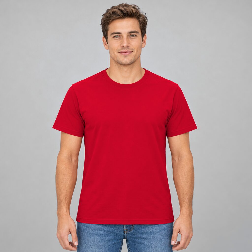 Unisex Cotton T Shirt Crew Neck Blank Red DTF DTG Model Man Front