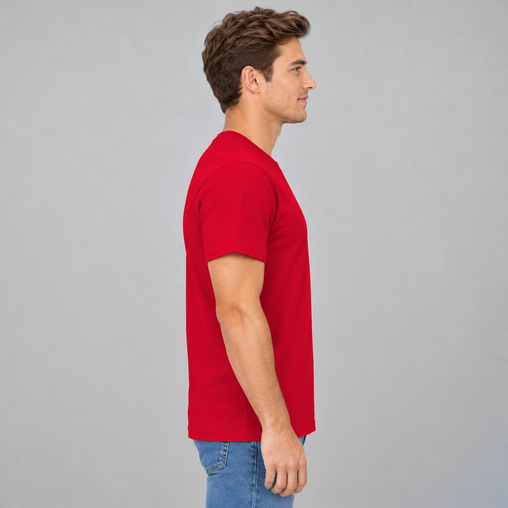 Unisex Cotton T Shirt Crew Neck Blank Red DTF DTG Model Man Side