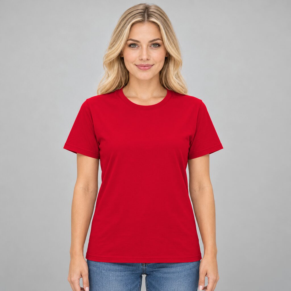 Unisex Cotton T Shirt Crew Neck Blank Red DTF DTG Model Woman Front