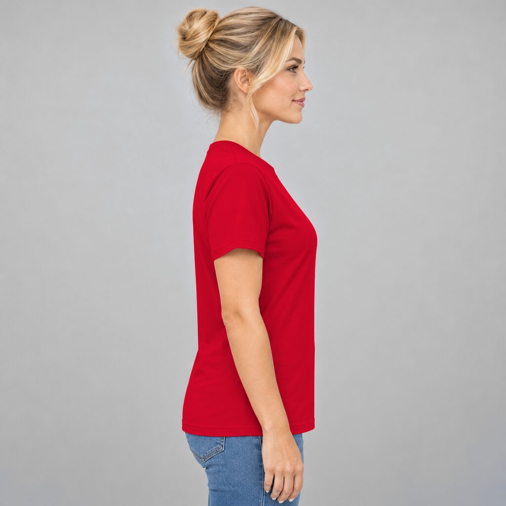 Unisex Cotton T Shirt Crew Neck Blank Red DTF DTG Model Woman Side