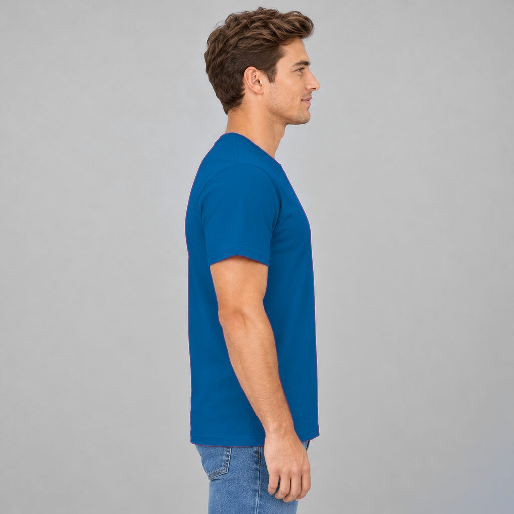 Unisex Cotton T Shirt Crew Neck Blank Royal Blue DTF DTG Model Man Side