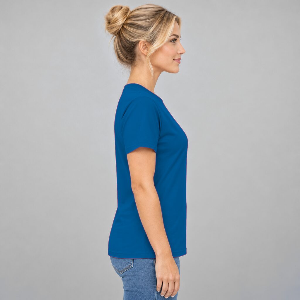 Unisex Cotton T Shirt Crew Neck Blank Royal Blue DTF DTG Model Woman Side