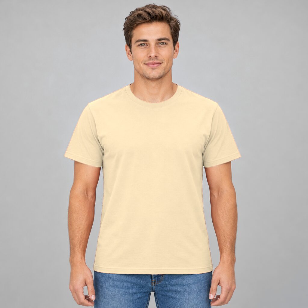 Unisex Cotton T Shirt Crew Neck Blank Sand DTF DTG Model Man Front