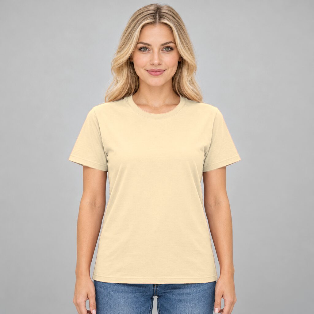 Unisex Cotton T Shirt Crew Neck Blank Sand DTF DTG Model Woman Front