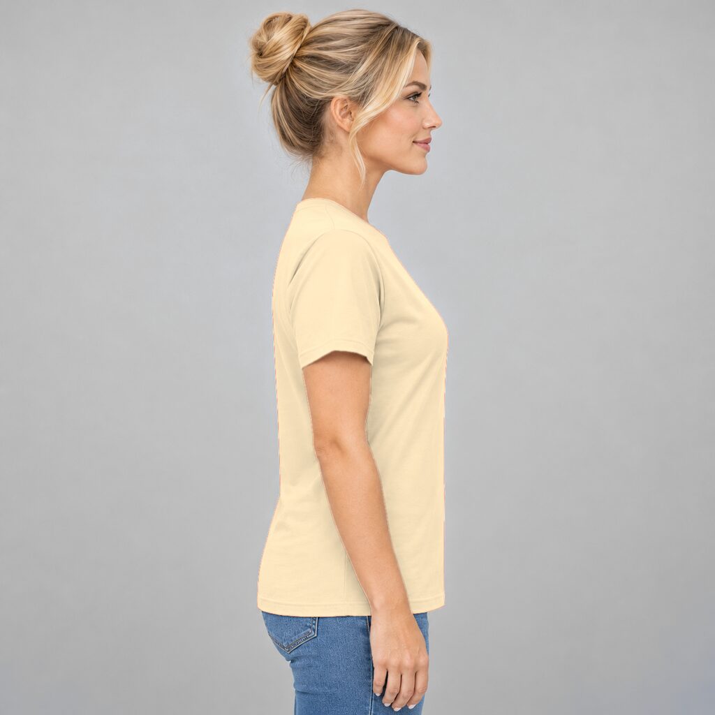 Unisex Cotton T Shirt Crew Neck Blank Sand DTF DTG Model Woman Side