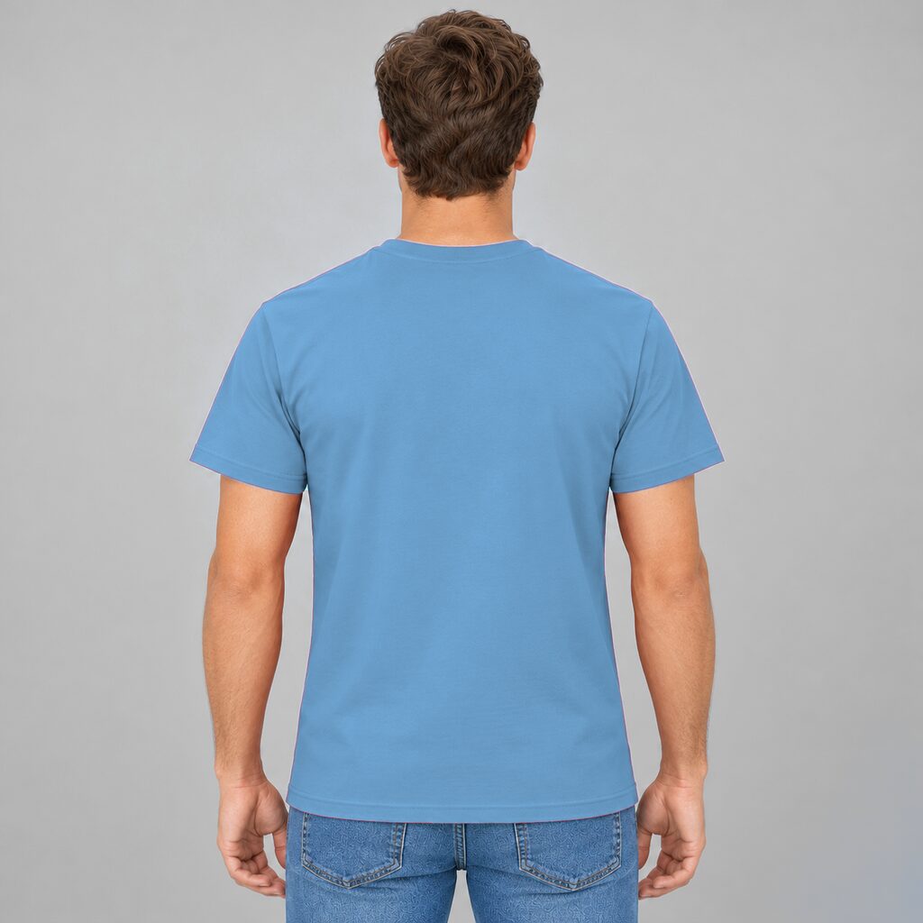 Unisex Cotton T Shirt Crew Neck Blank Sky Blue DTF DTG Model Man Back