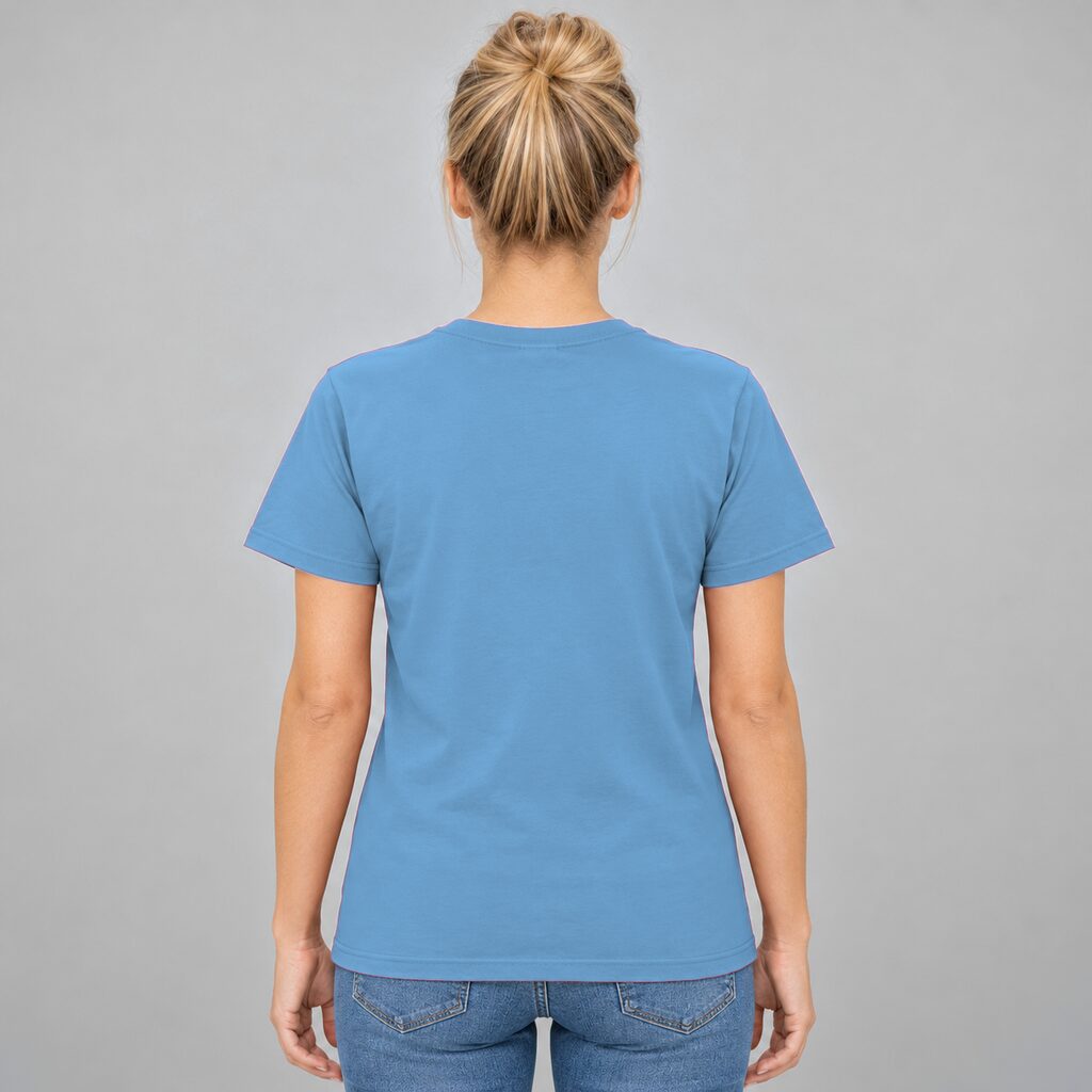 Unisex Cotton T Shirt Crew Neck Blank Sky Blue DTF DTG Model Woman Back