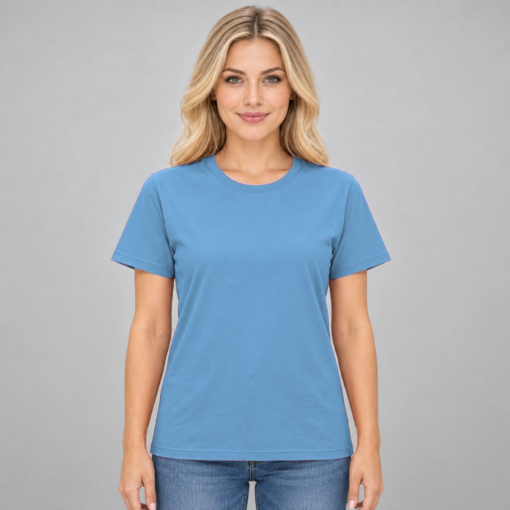 Unisex Cotton T Shirt Crew Neck Blank Sky Blue DTF DTG Model Woman Front