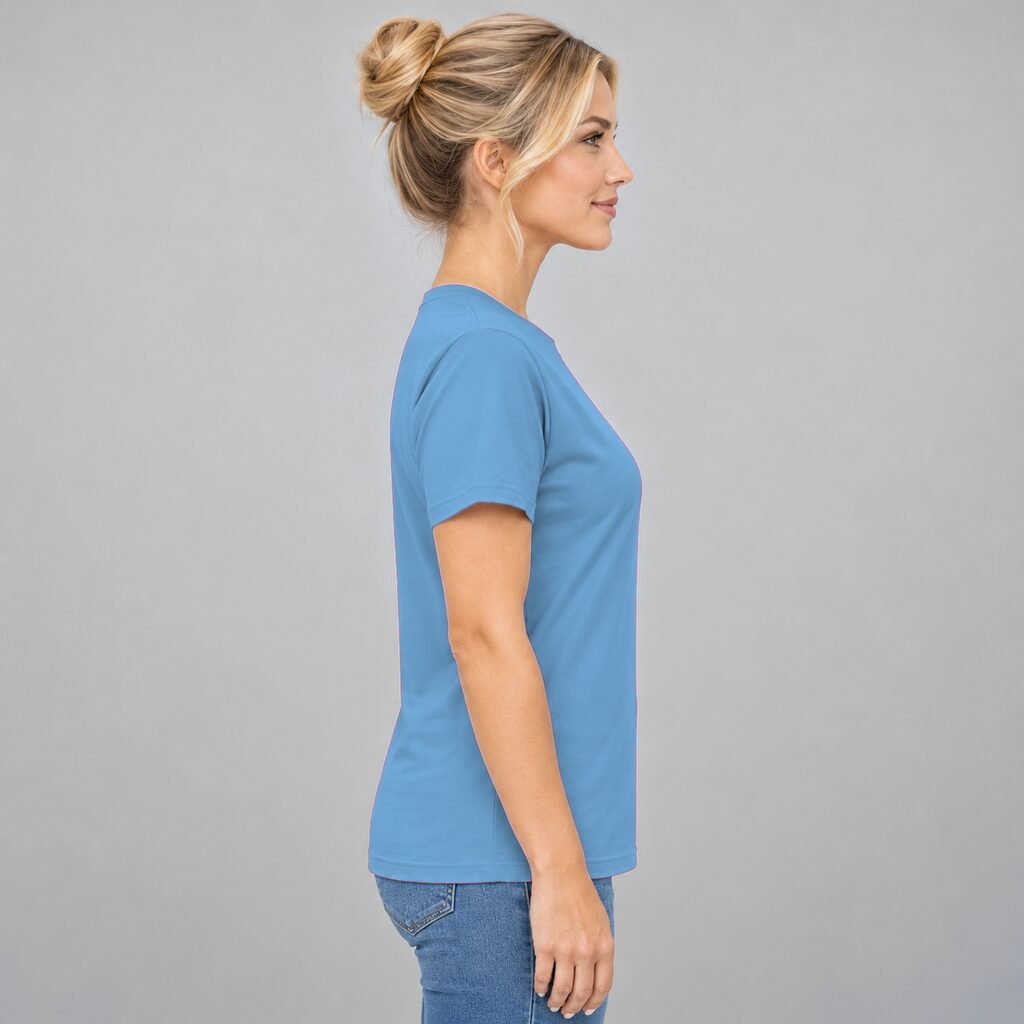 Unisex Cotton T Shirt Crew Neck Blank Sky Blue DTF DTG Model Woman Side