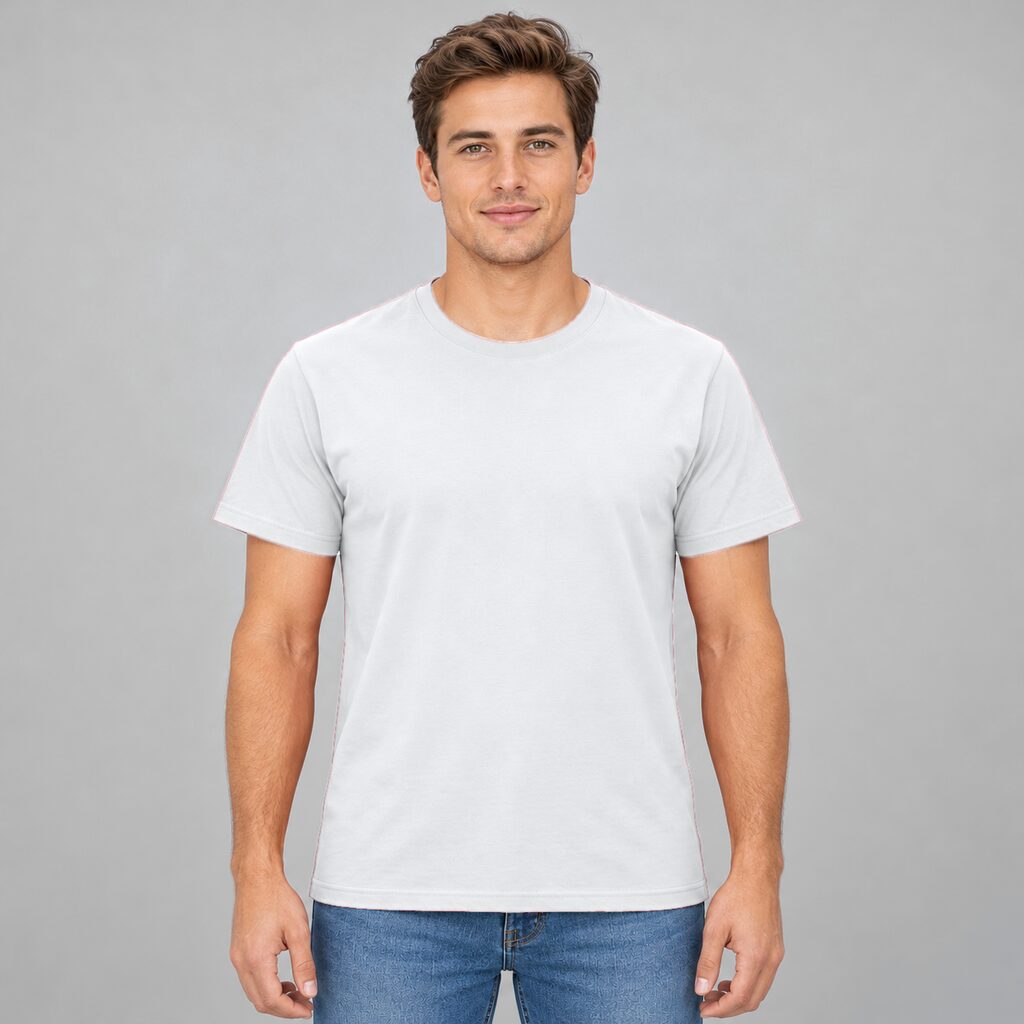Unisex Cotton T Shirt Crew Neck Blank White DTF DTG Model Man Front