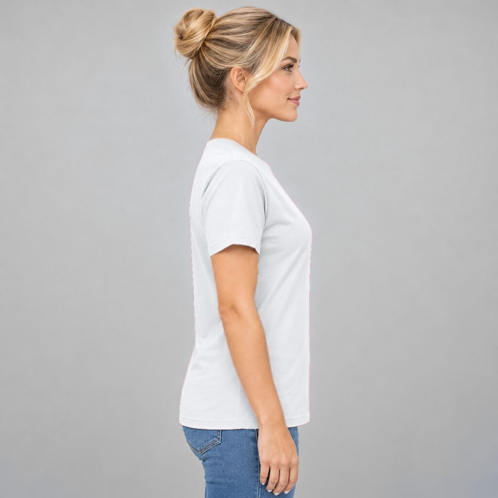 Unisex Cotton T Shirt Crew Neck Blank White DTF DTG Model Woman Side