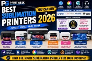 Best sublimation printers 2026 comparison showing Epson SureColor, Sawgrass, Brother SP-1 and converted Epson sublimation printer options with ink cost comparison