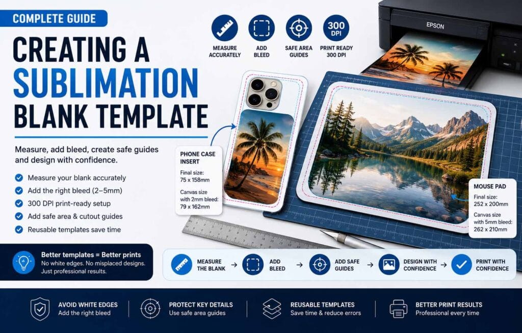 Sublimation blank template guide showing phone case and mouse pad templates with bleed, safe area guides and 300 DPI print setup.