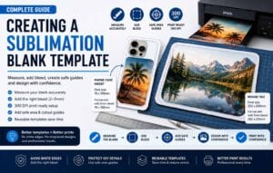 Sublimation blank template guide showing phone case and mouse pad templates with bleed, safe area guides and 300 DPI print setup.