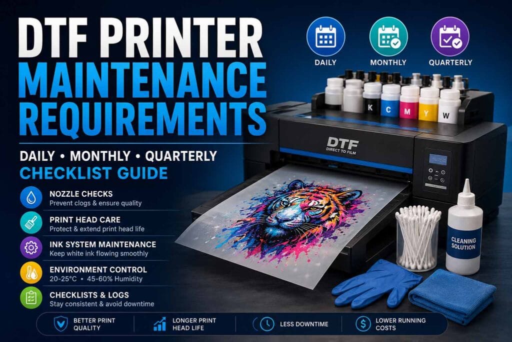 DTF printer maintenance requirements checklist showing nozzle checks, print head care, ink system maintenance, environment control and maintenance logs