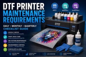 DTF printer maintenance requirements checklist showing nozzle checks, print head care, ink system maintenance, environment control and maintenance logs