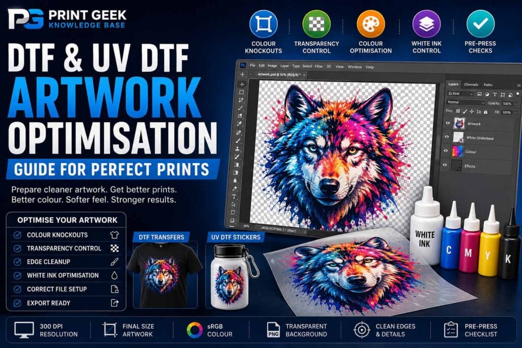 DTF and UV DTF artwork optimisation guide showing colour knockouts, transparency control, white ink control, clean edges, file setup and pre-press checks