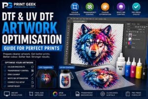 DTF and UV DTF artwork optimisation guide showing colour knockouts, transparency control, white ink control, clean edges, file setup and pre-press checks