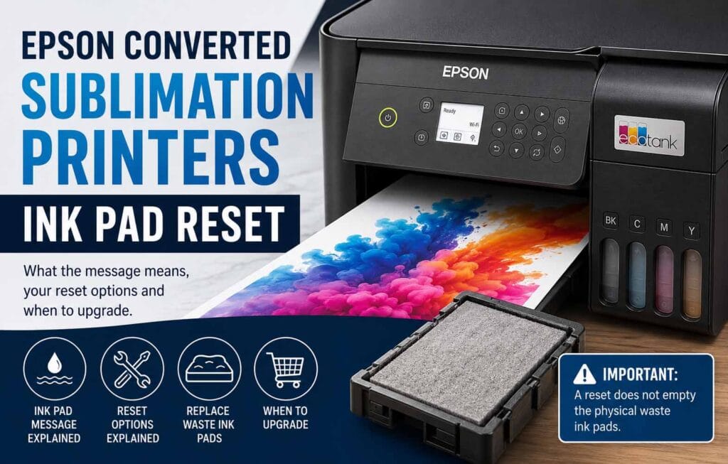 Epson converted sublimation printer ink pad reset guide showing an EcoTank printer, waste ink pad and reset warning for sublimation users.