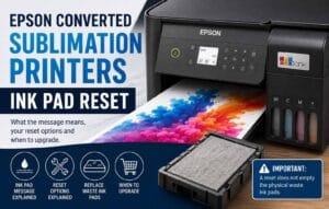 Epson converted sublimation printer ink pad reset guide showing an EcoTank printer, waste ink pad and reset warning for sublimation users.