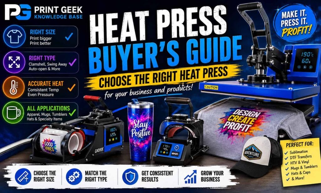 Heat press buyer’s guide showing how to choose the right heat press for sublimation, DTF transfers, HTV, mugs, tumblers, hats and apparel printing