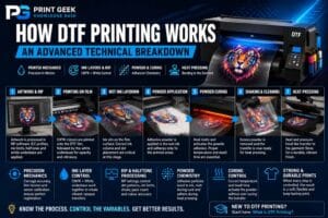 How DTF printing works advanced technical breakdown showing artwork preparation, DTF film printing, adhesive powder, curing, transfer film and heat press application