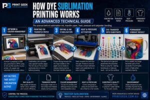 How dye sublimation printing works advanced technical guide showing sublimation ink, transfer paper, heat pressure, dye transfer and permanent polyester bonding