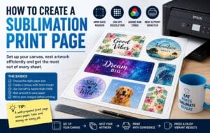 Sublimation print page setup guide showing nested artwork on a print sheet with 3mm safe margin, 300 DPI and canvas setup tips.
