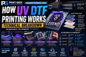 How UV DTF printing works advanced technical breakdown showing UV ink layers, instant curing, A film, B film, varnish, adhesive transfer and hard surface application